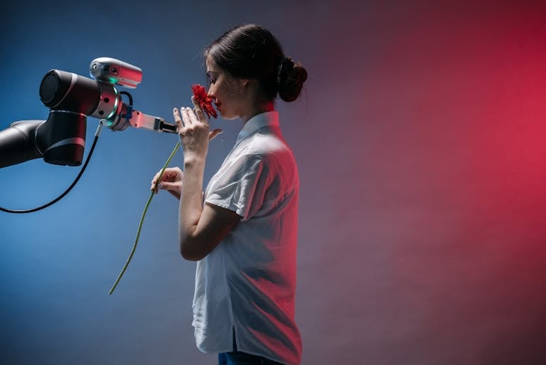 A woman in a lab coat interacts with a robot arm holding a red flower, symbolizing technology and nature.